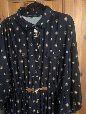 Navy Midi Dress with Gold Accent Print